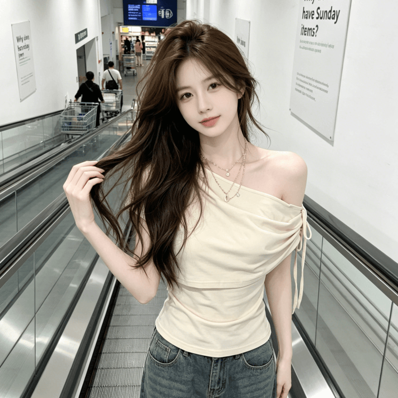 한 부서 핫걸 오프숄더 반팔 티셔츠 여성 여름 몸매 가꾸기 허리 수축 슬림해 보이는 비스듬한 칼라 누출 쇄골 기본 셔츠 맨위