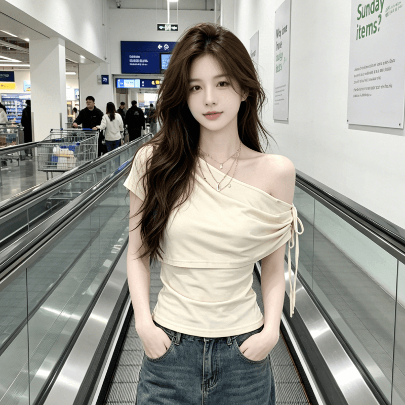 한 부서 핫걸 오프숄더 반팔 티셔츠 여성 여름 몸매 가꾸기 허리 수축 슬림해 보이는 비스듬한 칼라 누출 쇄골 기본 셔츠 맨위 상세 이미지 4