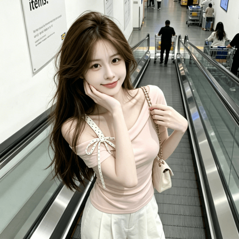 한 부서 비스듬한 어깨 나비 매듭 슬립 반팔 티셔츠 여성 싱글 측면 오프숄더 주름 허리 수축 순수한 욕망 바람 쇼트 스타일 맨위 상세 이미지 2