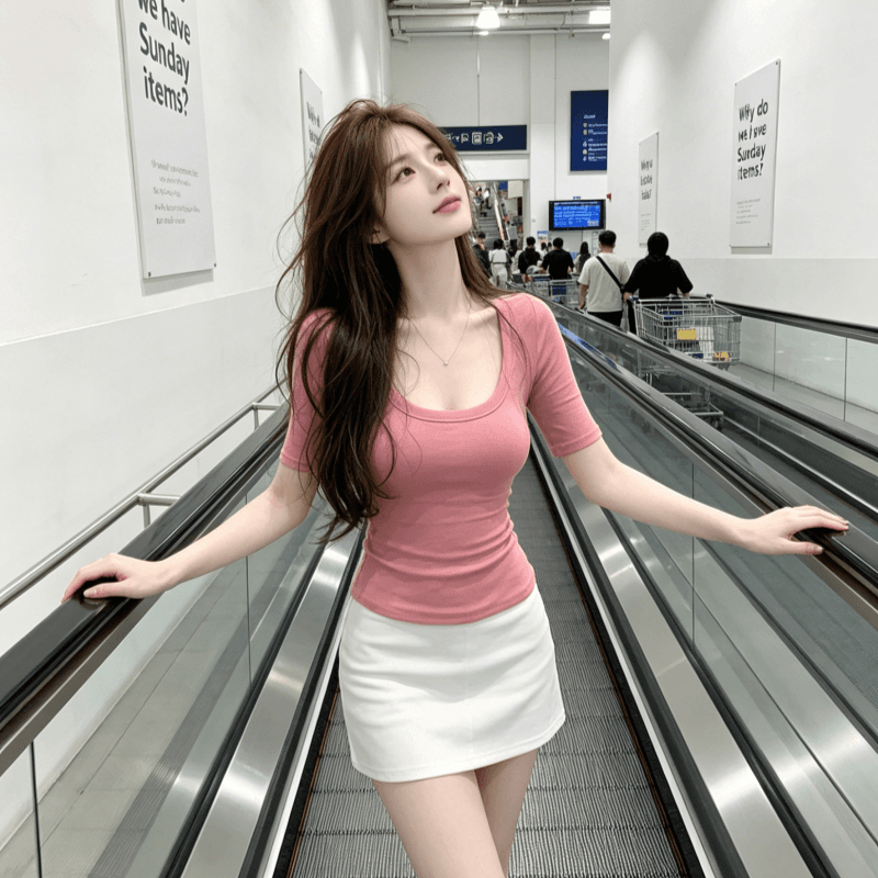 순수한 욕망 달콤한 핫걸 u 칼라 긍정적 인 어깨 반팔 티셔츠 여성 2026 여름 새로운 몸매 가꾸기 슬림해 보이는 다용도 디자인 센스 맨위 상세 이미지 4