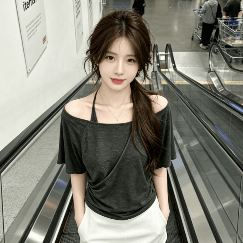 2026 여름 새로운 디자인 센스 페이크 레이어드 행침 목 반팔 티셔츠 여름 느슨함 센스 슬림해 보이는 오프숄더 맨위 상세 이미지 7