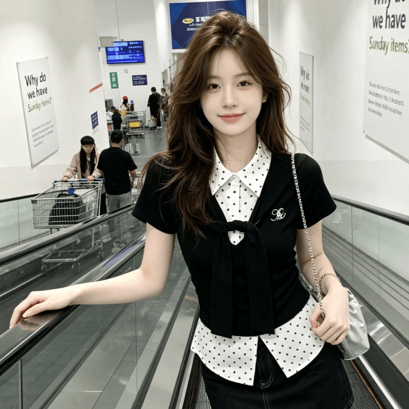 달콤함 부드러운 바람 도트 무늬 POLO 칼라 티셔츠 여성 여름 새로운 디자인 페이크 레이어드 품격 슬림해 보이는 맨위 상세 이미지 6