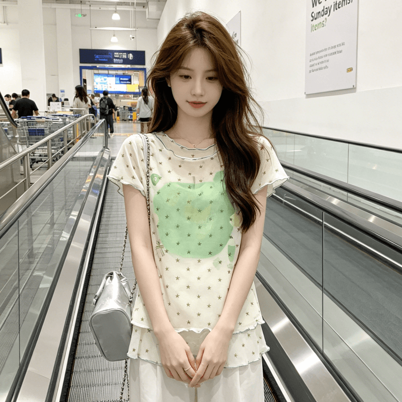 한국 메시 원단 도파민 여름 녹색 사과 프린트 티셔츠 여자 학생 여름 슬림해 보이는 페이크 레이어드 망사 맨위 상세 이미지 3