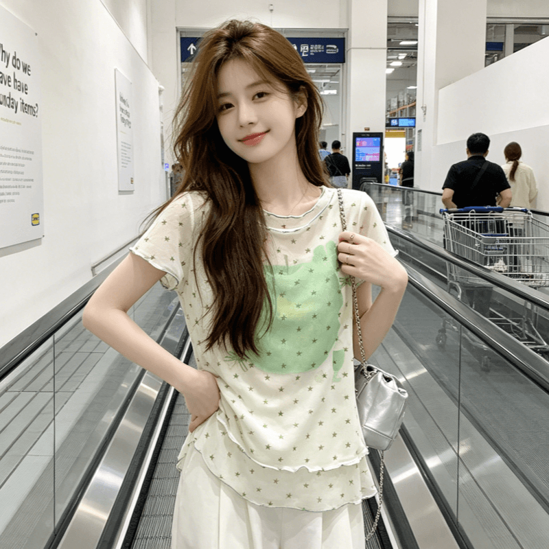 한국 메시 원단 도파민 여름 녹색 사과 프린트 티셔츠 여자 학생 여름 슬림해 보이는 페이크 레이어드 망사 맨위 상세 이미지 4