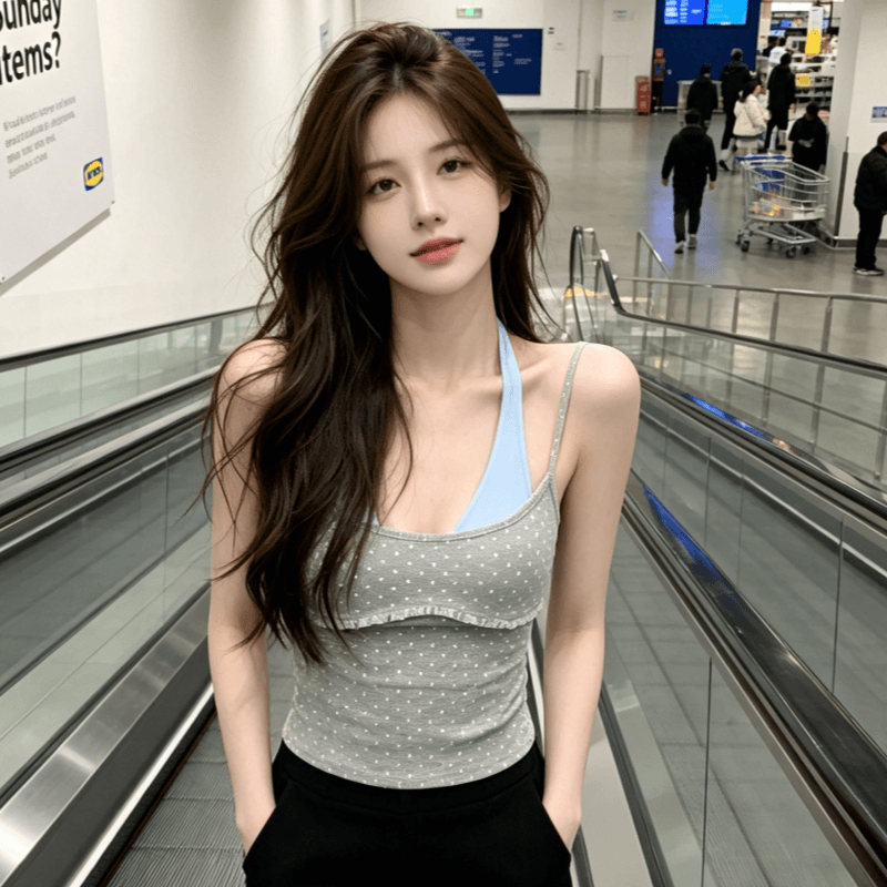 아메리칸 핫걸 패치워크 도트 무늬 행침 목 페이크 레이어드 캐미솔 여름 외출용 백리스 민소매 맨위 이미지 5