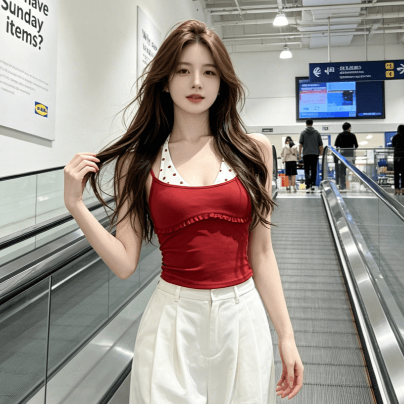 아메리칸 핫걸 패치워크 도트 무늬 행침 목 페이크 레이어드 캐미솔 여름 외출용 백리스 민소매 맨위 이미지 4