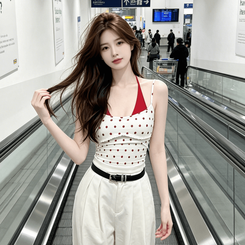 아메리칸 핫걸 패치워크 도트 무늬 행침 목 페이크 레이어드 캐미솔 여름 외출용 백리스 민소매 맨위 상세 이미지 3