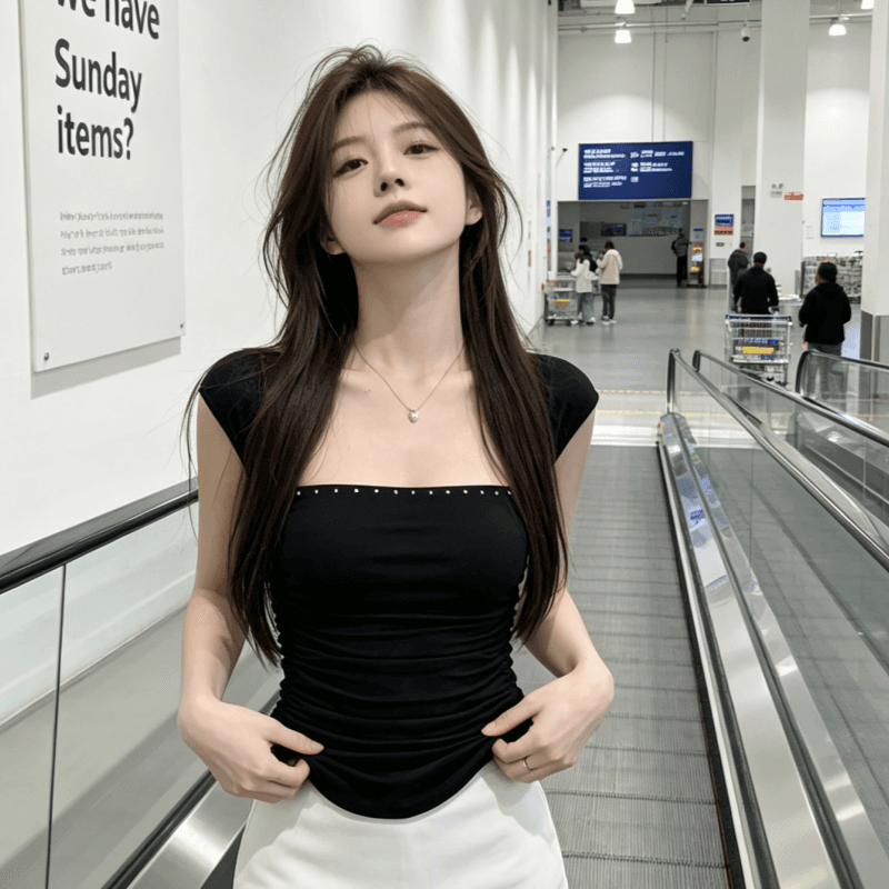 핫걸 바람 광장 칼라 비즈 박기 측면 주름 캐미솔 여름 작은 대중 디자인 센스 다용도 맨위 여성 상세 이미지 5