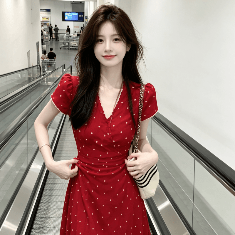 프랑스식 도트 무늬 반팔 화이트 여성 드레스 여름 2026 새로운 작은 키 디자인 센스 품격 길다 치마 상세 이미지 10