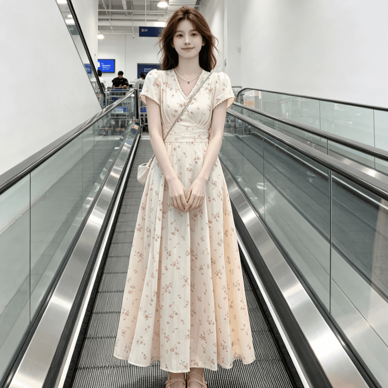 프랑스식 부드러운 바람 V넥 꽃무늬 드레스 아이들 여름 2026 새로운 자이언트 잘 생긴 아름다운 품격 꼬집기 허리 롱 스커트 상세 이미지 2