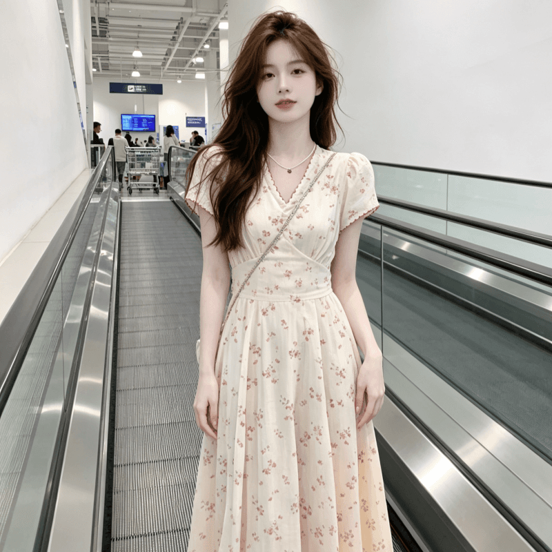 프랑스식 부드러운 바람 V넥 꽃무늬 드레스 아이들 여름 2026 새로운 자이언트 잘 생긴 아름다운 품격 꼬집기 허리 롱 스커트 상세 이미지 4