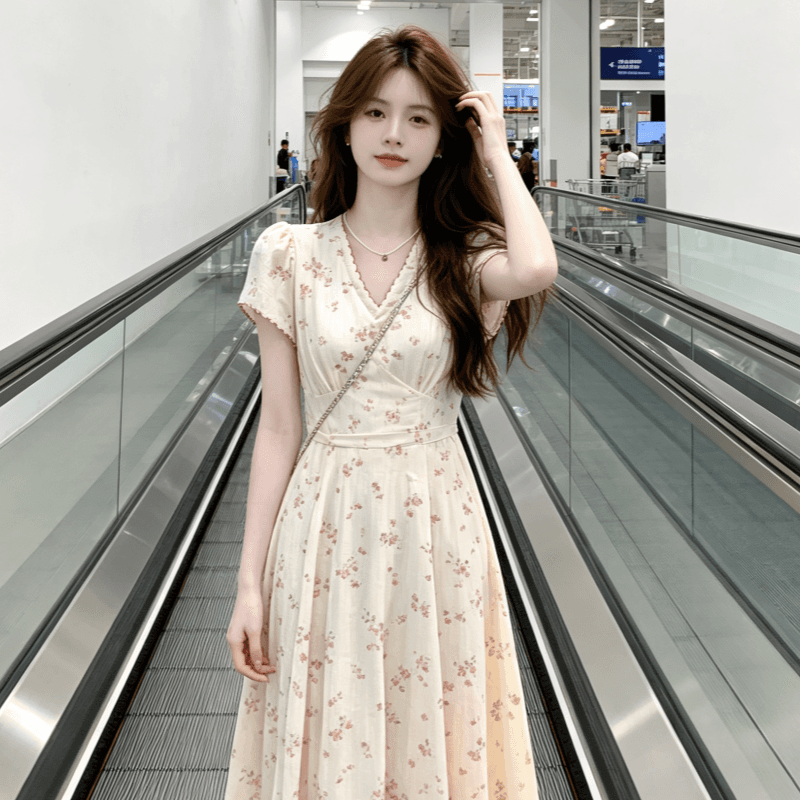 프랑스식 부드러운 바람 V넥 꽃무늬 드레스 아이들 여름 2026 새로운 자이언트 잘 생긴 아름다운 품격 꼬집기 허리 롱 스커트 상세 이미지 7