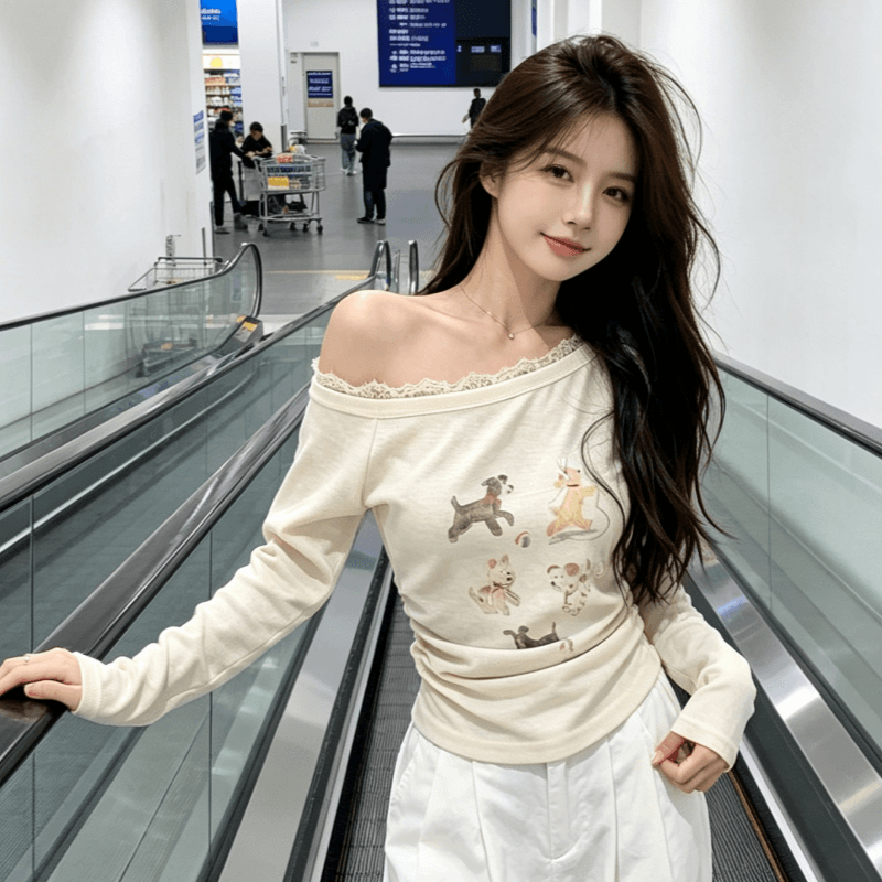 봄 여름 한 부서 달콤함 캐주얼 재미있는 프린트 만화 비스듬한 어깨 긴팔 작은 셔츠 티셔츠 맨위 상세 이미지 1