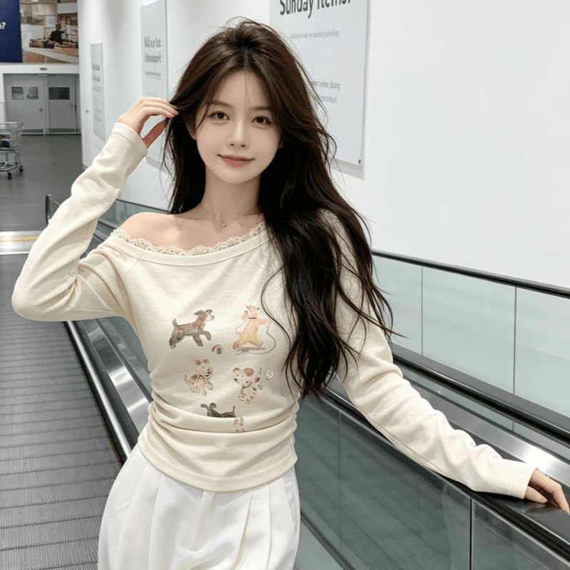 봄 여름 한 부서 달콤함 캐주얼 재미있는 프린트 만화 비스듬한 어깨 긴팔 작은 셔츠 티셔츠 맨위 상세 이미지 4