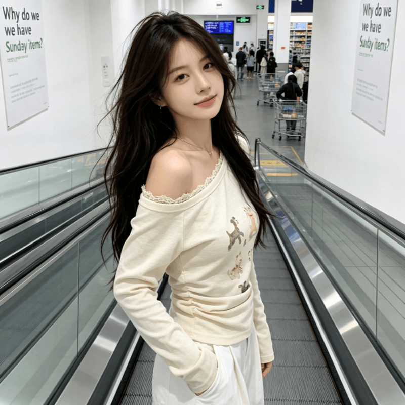 봄 여름 한 부서 달콤함 캐주얼 재미있는 프린트 만화 비스듬한 어깨 긴팔 작은 셔츠 티셔츠 맨위 상세 이미지 5