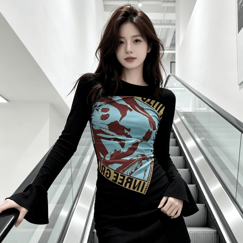 가을 새로운 Chic 고유 한 아름다운 외국 가스 세련된 연령 감소 작은 대중 디자인 고급 센스 슈퍼 잘 생긴 검정색 티셔츠 이미지 3