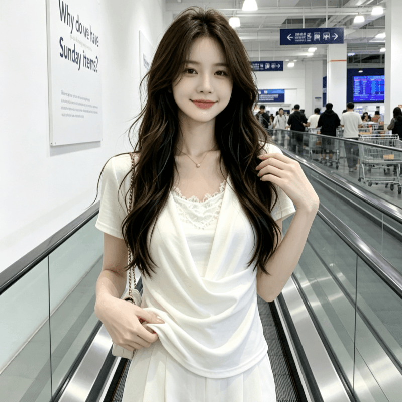 프랑스식 미니멀리즘 u 칼라 페이크 레이어드 화이트 반팔 티셔츠 여성 여름 레이스 조각 슬림해 보이는 맨위 상세 이미지 5