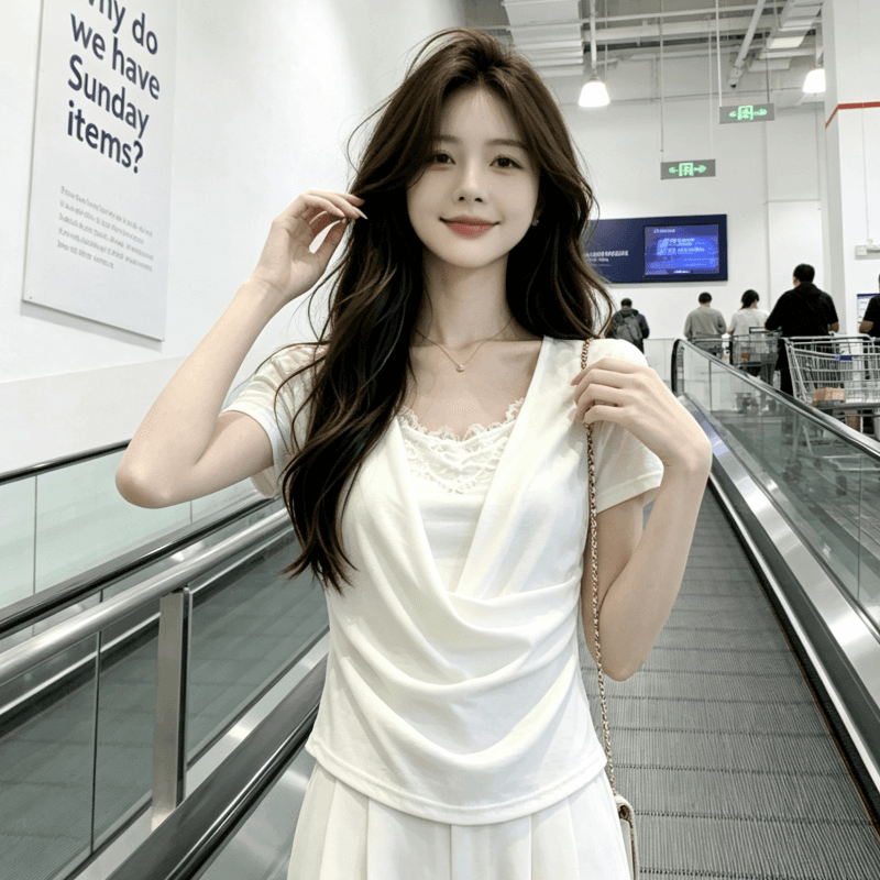 프랑스식 미니멀리즘 u 칼라 페이크 레이어드 화이트 반팔 티셔츠 여성 여름 레이스 조각 슬림해 보이는 맨위 상세 이미지 7