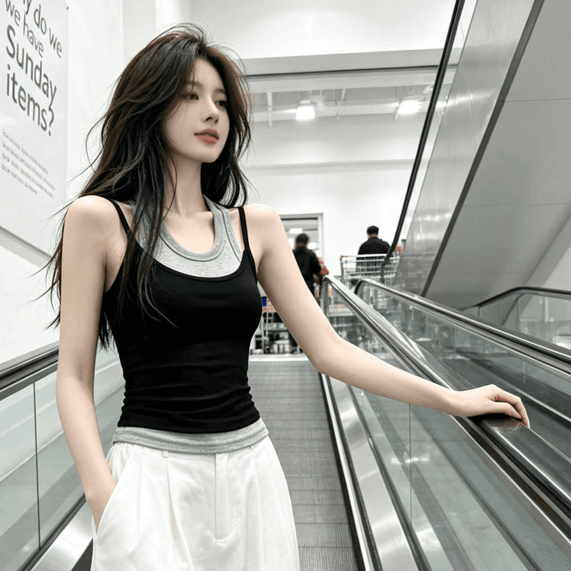 한국 스택 착용 페이크 레이어드 배색 캐미솔 외출용 인사이드 가져 가라. 만나는 행침 목 민소매 맨위 상세 이미지 2