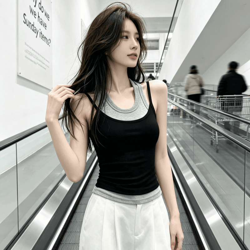 한국 스택 착용 페이크 레이어드 배색 캐미솔 외출용 인사이드 가져 가라. 만나는 행침 목 민소매 맨위 상세 이미지 5