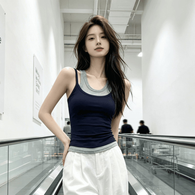 한국 스택 착용 페이크 레이어드 배색 캐미솔 외출용 인사이드 가져 가라. 만나는 행침 목 민소매 맨위 상세 이미지 12