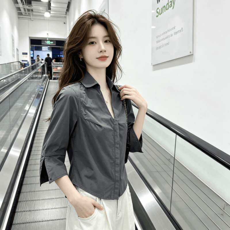 아메리칸 POLO 셔츠 V넥 중간 소매 뒤집다 접기 여성 여름 높음 지혜 센스 허리 수축 슬림해 보이는 몸매 가꾸기 맨위 이미지 2