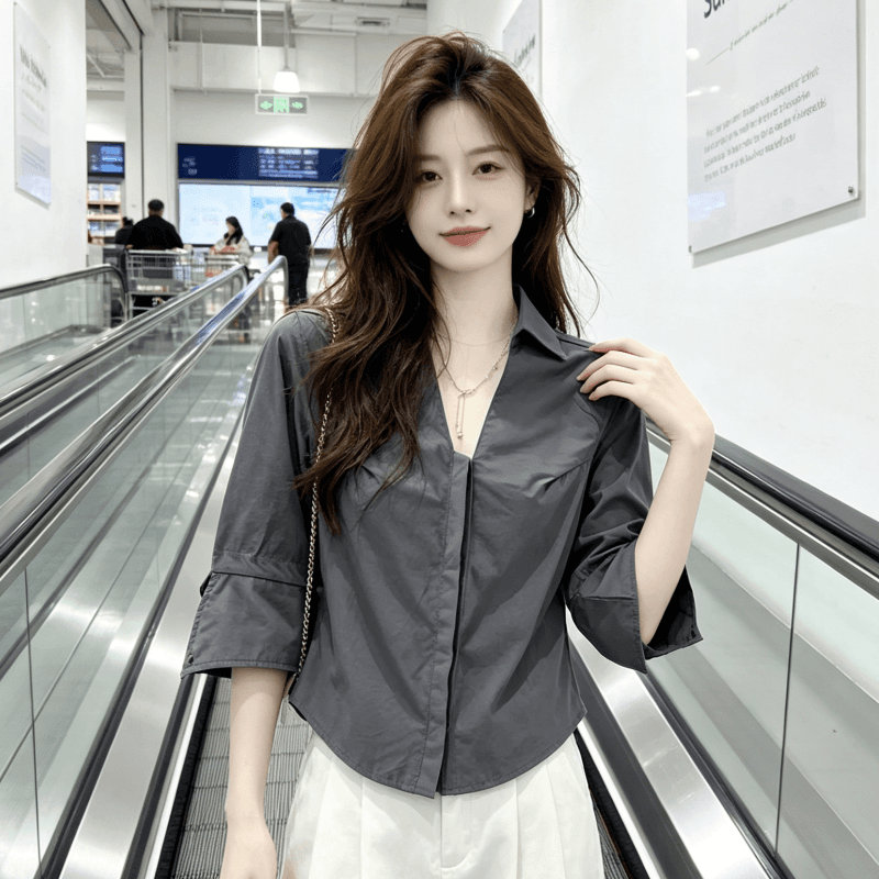 아메리칸 POLO 셔츠 V넥 중간 소매 뒤집다 접기 여성 여름 높음 지혜 센스 허리 수축 슬림해 보이는 몸매 가꾸기 맨위 상세 이미지 2
