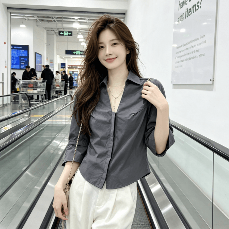 아메리칸 POLO 셔츠 V넥 중간 소매 뒤집다 접기 여성 여름 높음 지혜 센스 허리 수축 슬림해 보이는 몸매 가꾸기 맨위 상세 이미지 6
