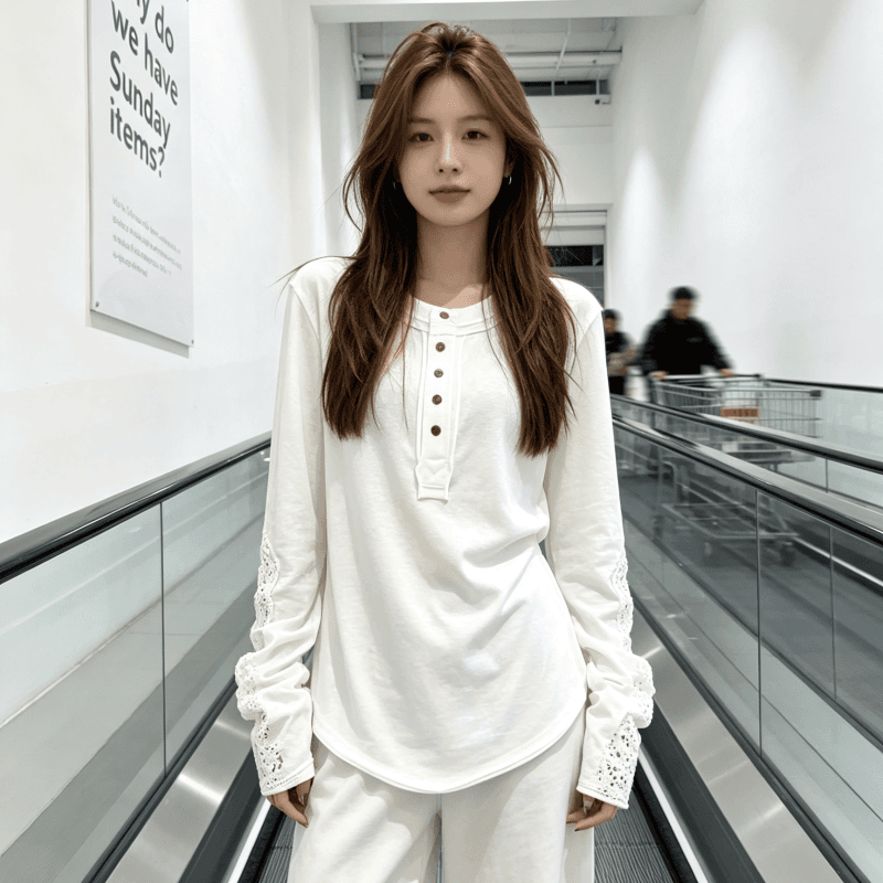 항구 바람 chic 화이트 하프 단추 패치워크 긴팔 티셔츠 여성 봄 가을 슬림해 보이는 디자인 센스 캐주얼 다용도 맨위 트렌디 이미지 3