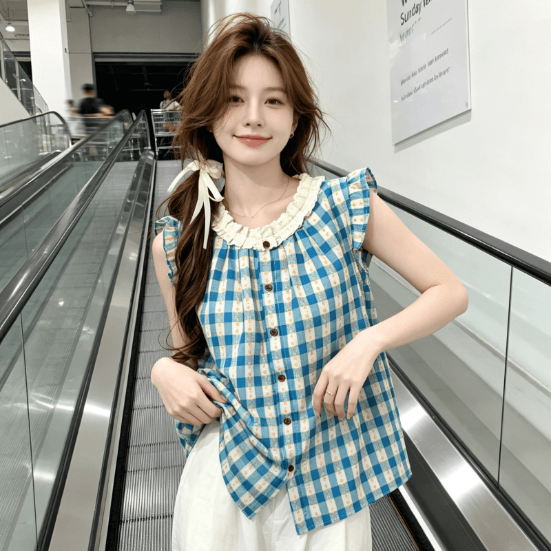 2026 새로운 프랑스식 작은 날다 소매 파란색 체크무늬 반팔 여성 셔츠 여름 한 부서 달콤함 꽃무늬 어깨 맨위 이미지 4