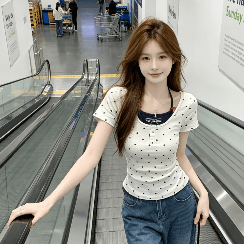 순수한 욕망 섹시함 레이스 조각 행침 목 미니 꽃무늬 반팔 티셔츠 두 조각 작은 대중 핫걸 쇼트 스타일 맨위 트렌디 상세 이미지 4