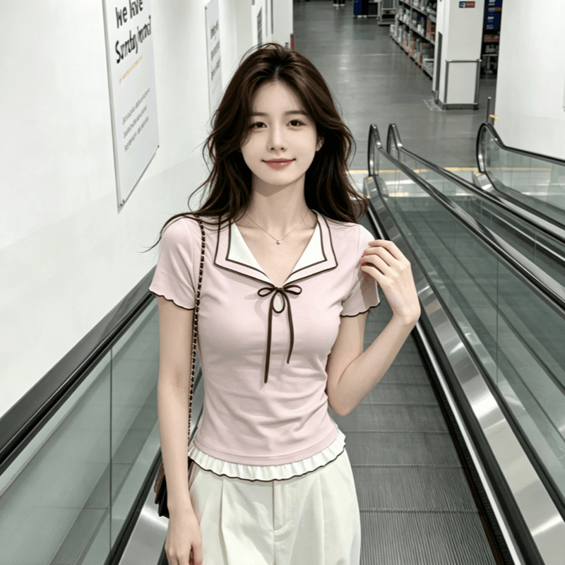 달콤한 스타일 핑크색 폴로 칼라 반팔 티셔츠 여성 여름 페이크 레이어드 배색 티셔츠 품격 슬림해 보이는 맨위 상세 이미지 7