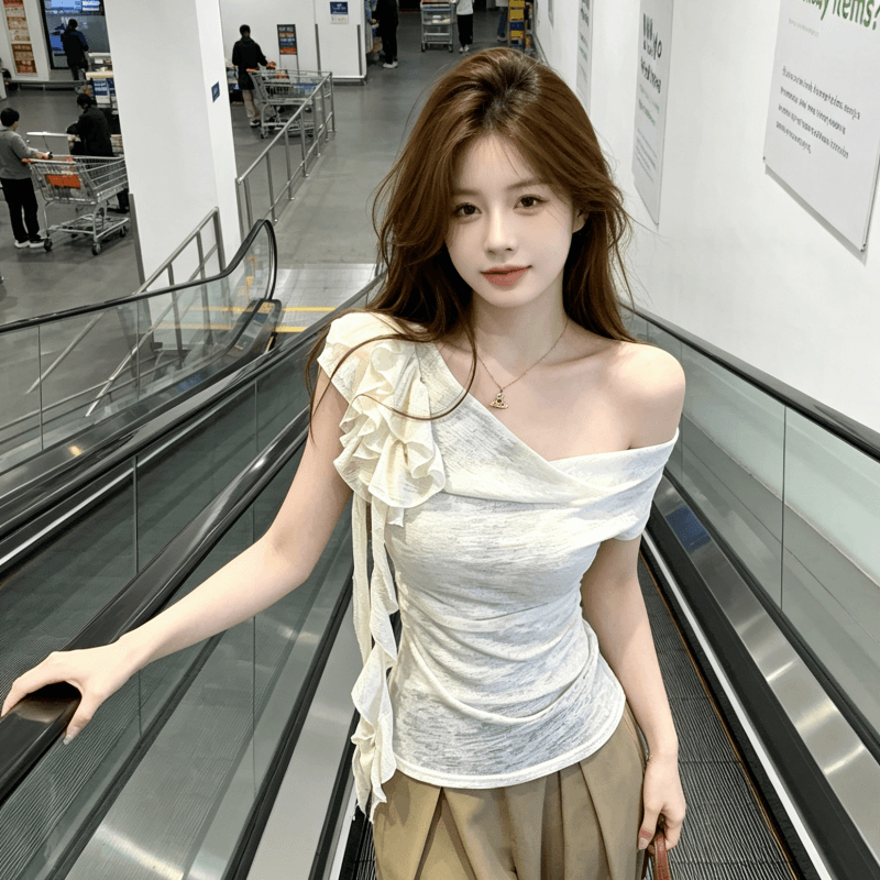 순수한 욕망 비스듬한 어깨 레이스 꽃 리본 반팔 맨위 여성 주름 허리 수축 불규칙 쇼트 스타일 슬림해 보이는 작은 셔츠 상세 이미지 3