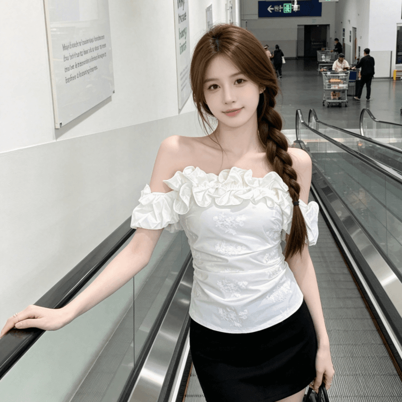 프랑스식 레트로 품격 화이트 오프숄더 자카드 맨위 여성 여름 순수한 욕망 디자인 센스 프릴 허리 수축 셔츠 이미지 2