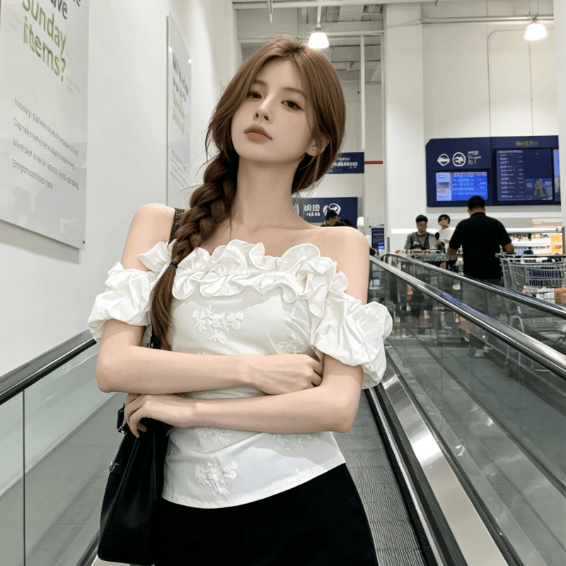 프랑스식 레트로 품격 화이트 오프숄더 자카드 맨위 여성 여름 순수한 욕망 디자인 센스 프릴 허리 수축 셔츠 상세 이미지 2