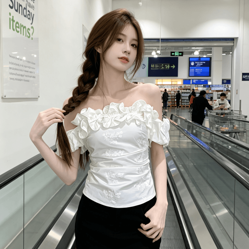 프랑스식 레트로 품격 화이트 오프숄더 자카드 맨위 여성 여름 순수한 욕망 디자인 센스 프릴 허리 수축 셔츠 상세 이미지 5