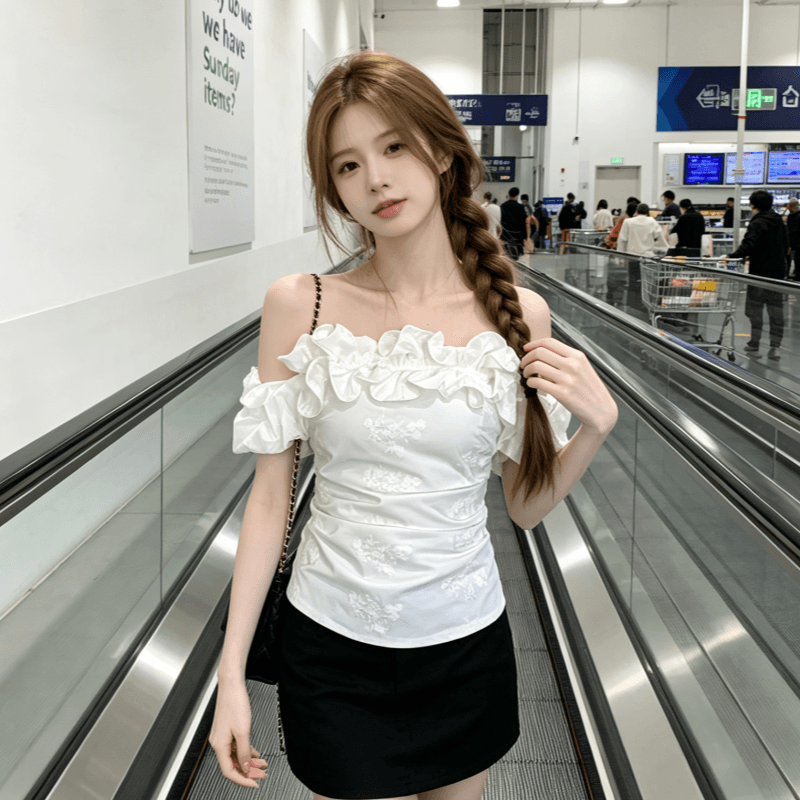 프랑스식 레트로 품격 화이트 오프숄더 자카드 맨위 여성 여름 순수한 욕망 디자인 센스 프릴 허리 수축 셔츠 상세 이미지 7