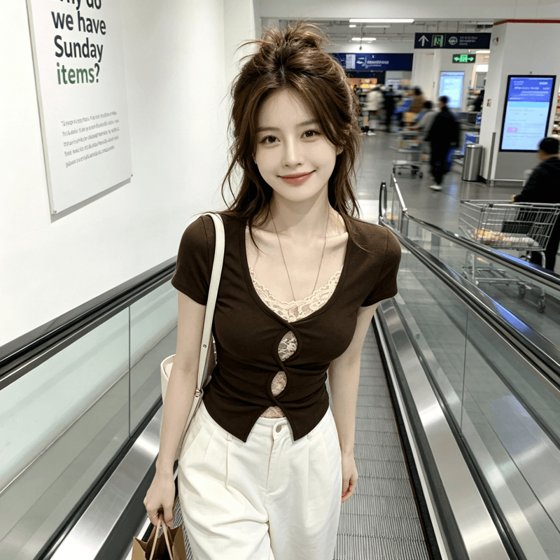 순수한 욕망 섹시함 V넥 레이스 조각 반팔 티셔츠 여성 몸매 가꾸기 슬림해 보이는 디자인 센스 작은 대중 맨위 이미지 3