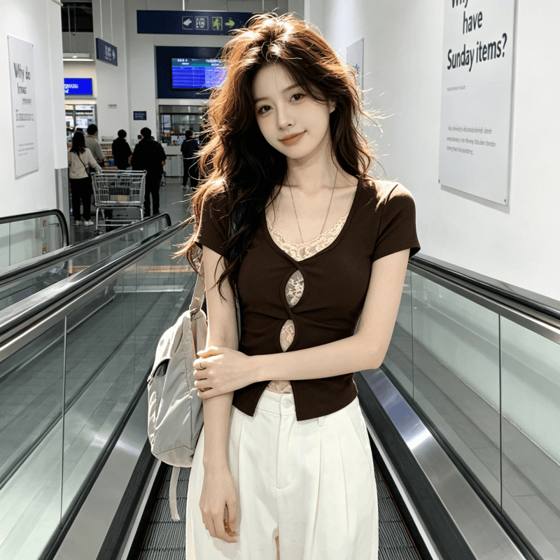 순수한 욕망 섹시함 V넥 레이스 조각 반팔 티셔츠 여성 몸매 가꾸기 슬림해 보이는 디자인 센스 작은 대중 맨위 상세 이미지 7