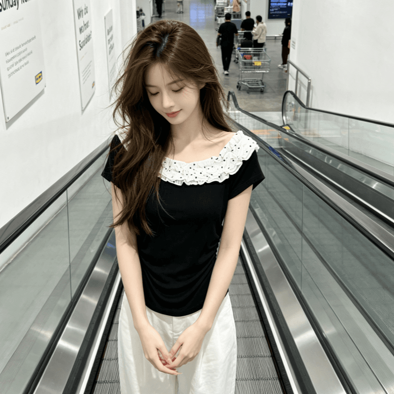프릴 비스듬한 어깨 반팔 티셔츠 여성 여름 2025 새로운 달콤한 핫걸 오프숄더 디자인 작은 맨위 이미지 5
