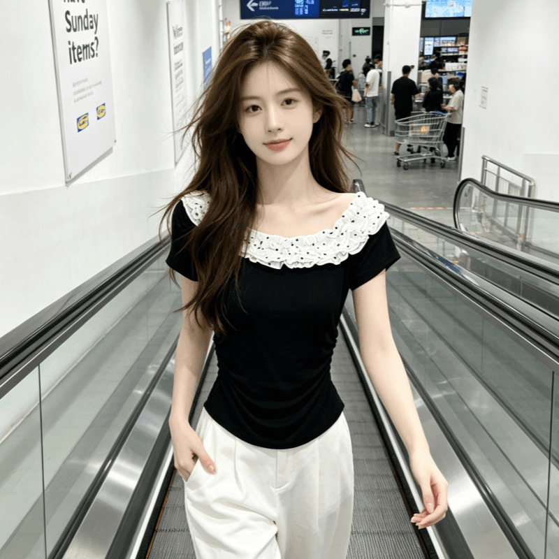 프릴 비스듬한 어깨 반팔 티셔츠 여성 여름 2025 새로운 달콤한 핫걸 오프숄더 디자인 작은 맨위 이미지 4