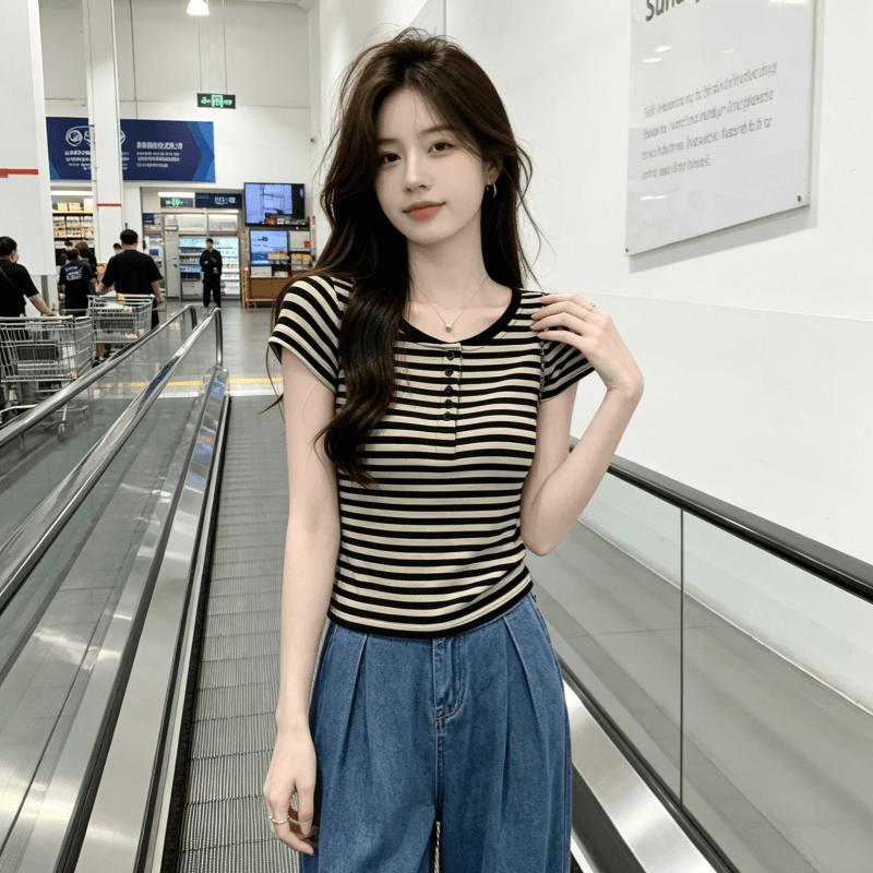 아메리칸 스트라이프 긍정적 인 어깨 반팔 몸매 가꾸기 슬림해 보이는 2026 여름 새로운 캐주얼 기초 다용도 티셔츠 여성 상세 이미지 8