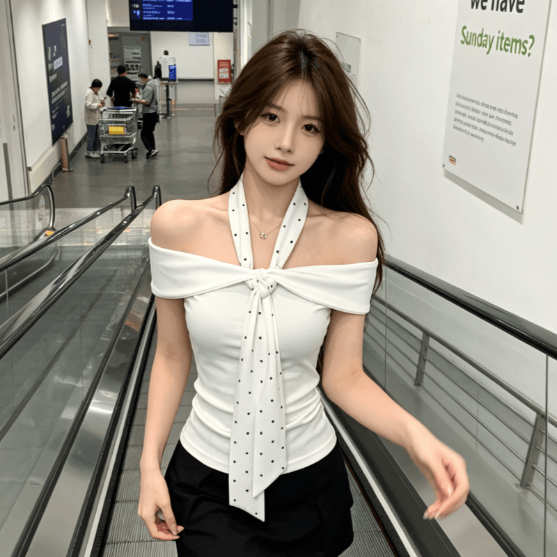 한 부서 순수한 욕망 도트 무늬 넥타이 오프숄더 반팔 티셔츠 여성 여름 몸매 가꾸기 슬림해 보이는 디자인 맨위 상세 이미지 4