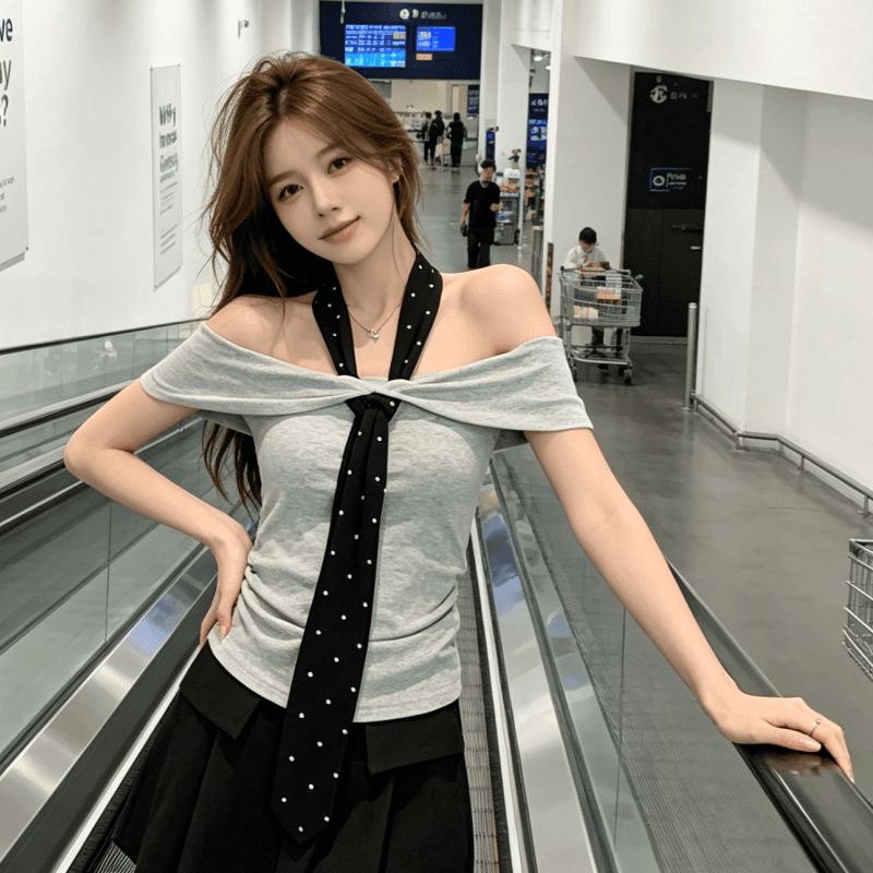 한 부서 순수한 욕망 도트 무늬 넥타이 오프숄더 반팔 티셔츠 여성 여름 몸매 가꾸기 슬림해 보이는 디자인 맨위 상세 이미지 6