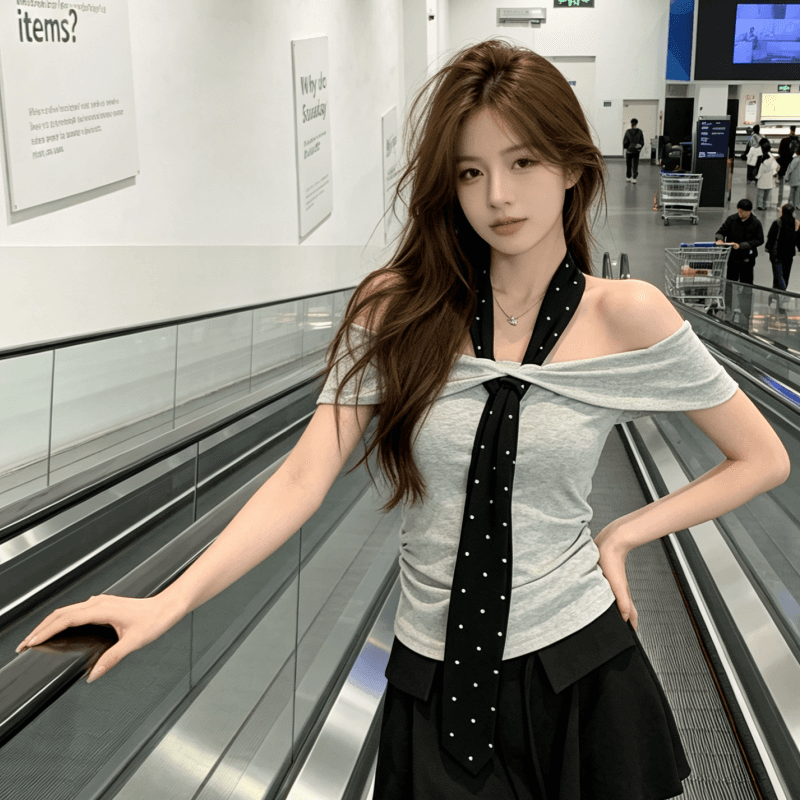 한 부서 순수한 욕망 도트 무늬 넥타이 오프숄더 반팔 티셔츠 여성 여름 몸매 가꾸기 슬림해 보이는 디자인 맨위 상세 이미지 8