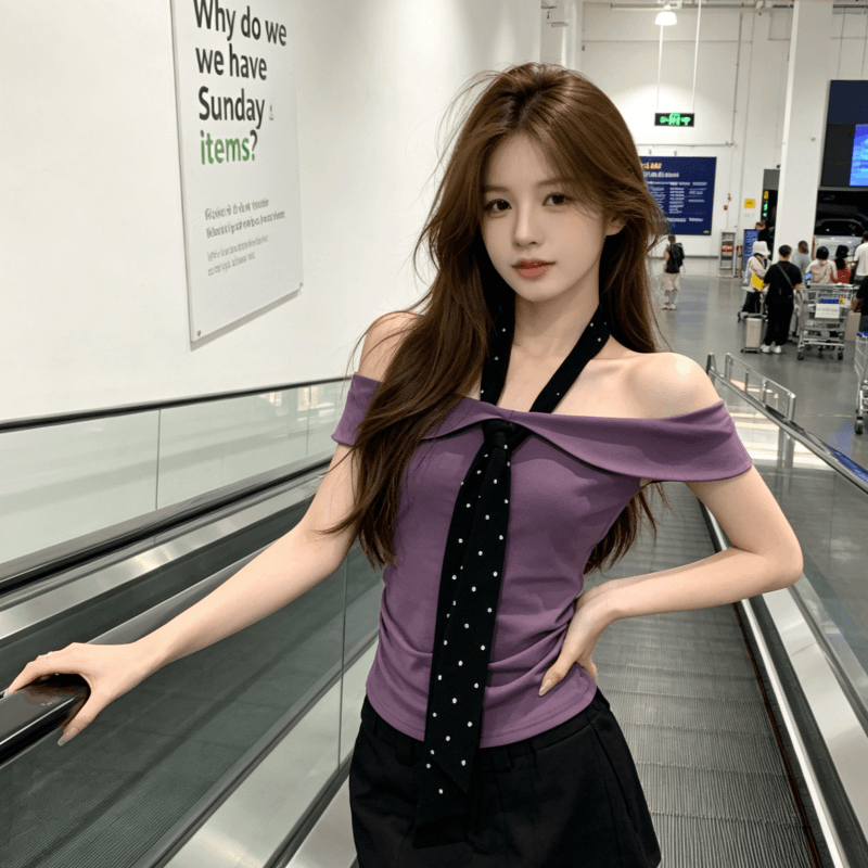 한 부서 순수한 욕망 도트 무늬 넥타이 오프숄더 반팔 티셔츠 여성 여름 몸매 가꾸기 슬림해 보이는 디자인 맨위 상세 이미지 10