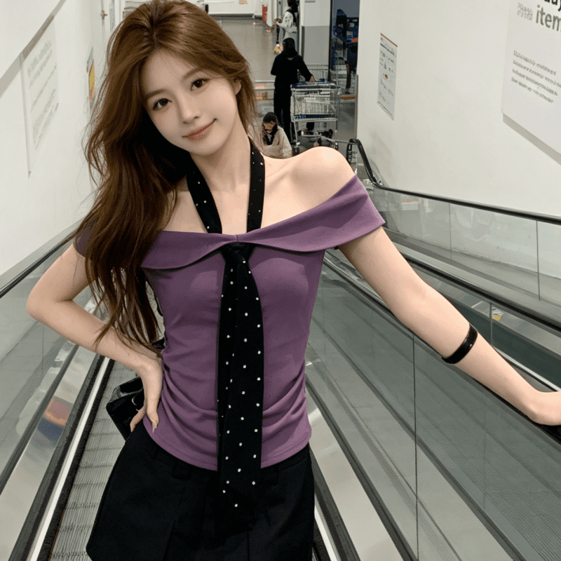 한 부서 순수한 욕망 도트 무늬 넥타이 오프숄더 반팔 티셔츠 여성 여름 몸매 가꾸기 슬림해 보이는 디자인 맨위 상세 이미지 12
