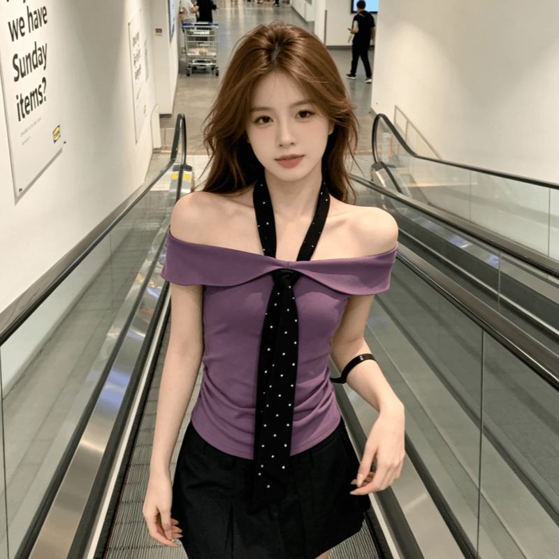 한 부서 순수한 욕망 도트 무늬 넥타이 오프숄더 반팔 티셔츠 여성 여름 몸매 가꾸기 슬림해 보이는 디자인 맨위 상세 이미지 13