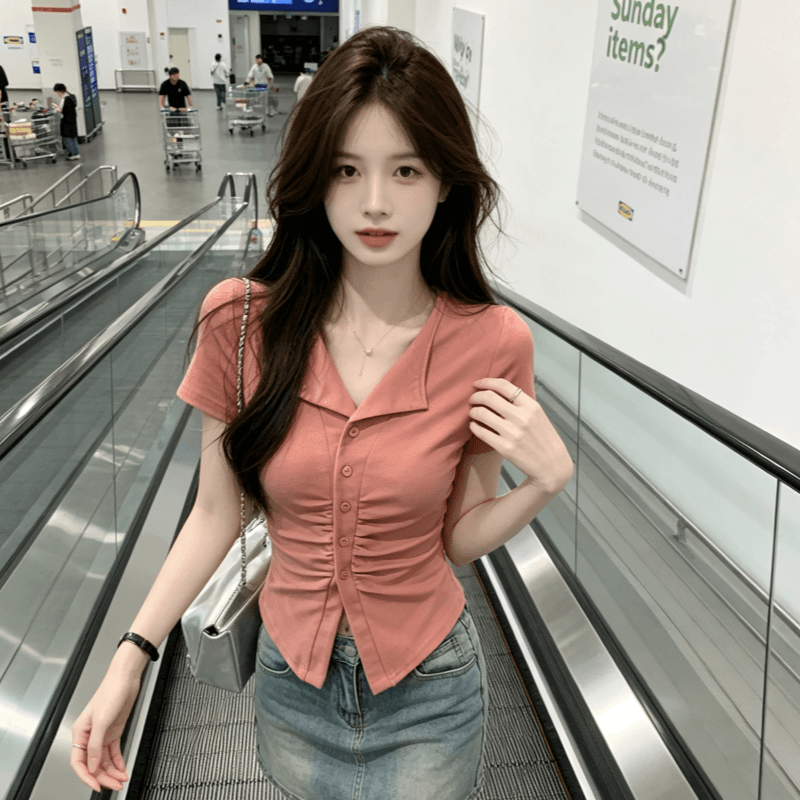 긍정적 인 어깨 주름 V넥 반팔 티셔츠 여성 여름 새로운 디자인 센스 몸매 가꾸기 핫걸 쇼트 스타일 POLO 셔츠 맨위 상세 이미지 7