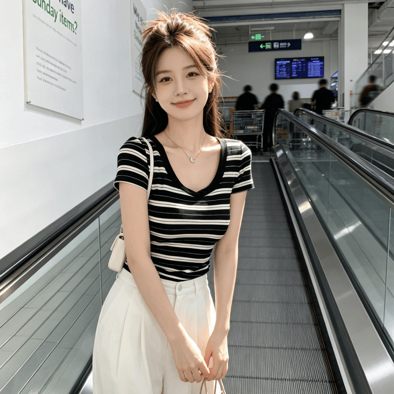 아메리칸 레트로 스타일 스트라이프 V넥 반팔 티셔츠 여성 여름 패션 몸매 가꾸기 슬림해 보이는 핫걸 맨위 이미지 5
